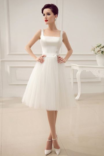 Simple Wedding Dresses Satin Square Neck Applique Short Bridal Dress With Beading Bow Sash Exclusive