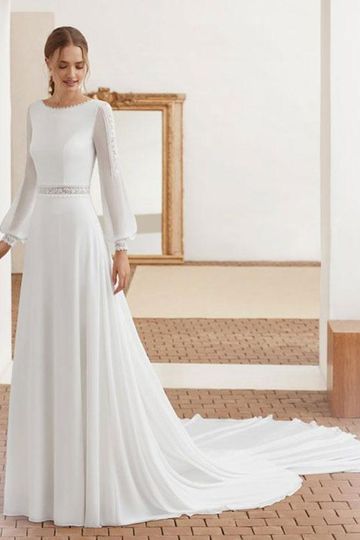 Simple Wedding Dress With Train Chiffon Halter Long Sleeves Lace A Line Bridal Dresses