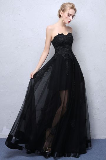 Black Prom Dresses Strapless Long Party Dress Lace Applique Sweetheart Illusion Formal Evening Dress