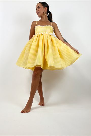 The Selkie Buttercream Gingham Rosebud Dress