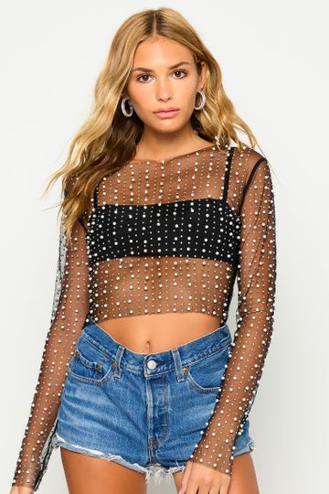 Look And Glisten Pearl Mesh Top - Black
