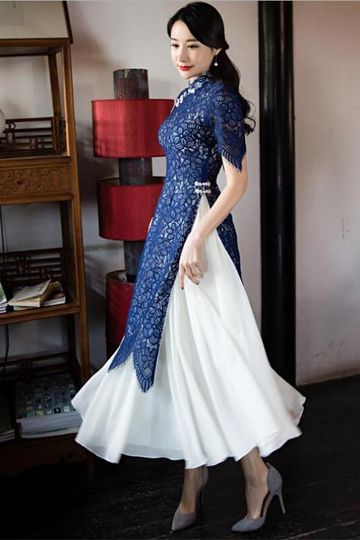 Luxury Lace Ao Dai Vietnam Traditional Cheongsam Suit Two-piece Dress