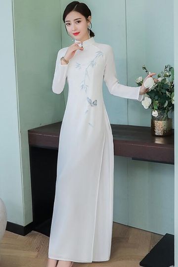 Traditional Vietnam Ao dai Long sleeve Cheongsam Print Qipao Dress