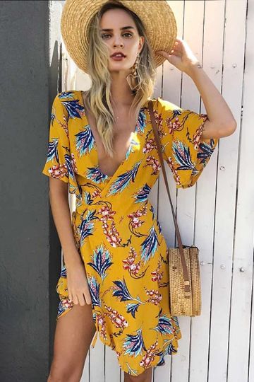 Casual Hawaiian boho wrap summer dress