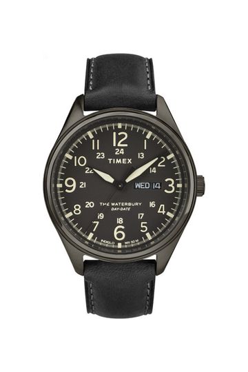 Waterbury Day Date 42mm Timex Watch - Black Leather Strap