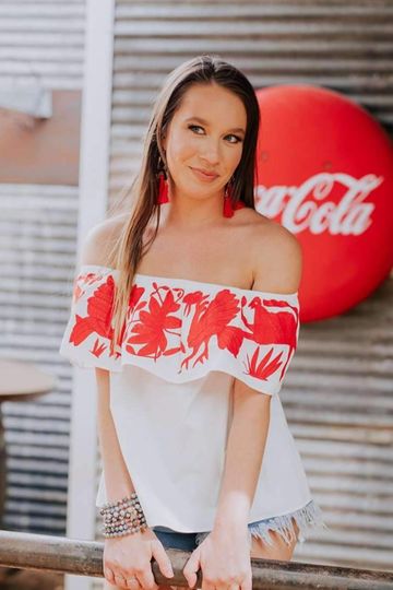 BuddyLove Birdie Ruffled Off the Shoulder Embroidered Top - Red
