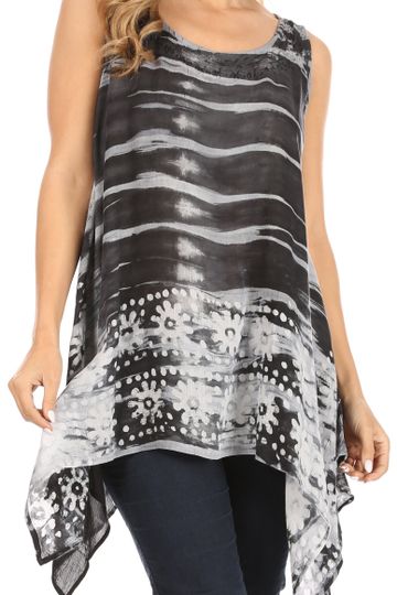 Sakkas Marin Women's Sleeveless Loose Boho Casual Tank Top Blouse Tie-dye & Batik