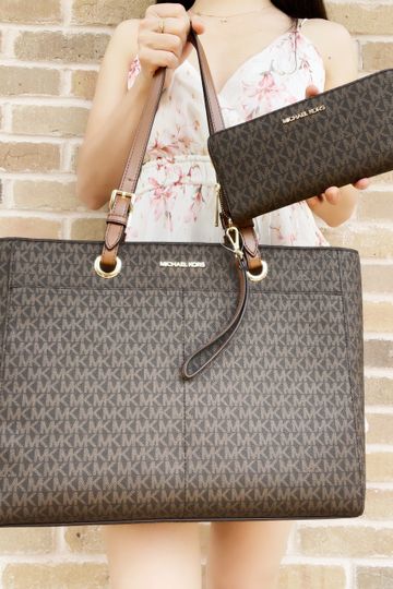 Michael Kors Large Commuter Tote Brown MK Signature Laptop Bag + Wristlet