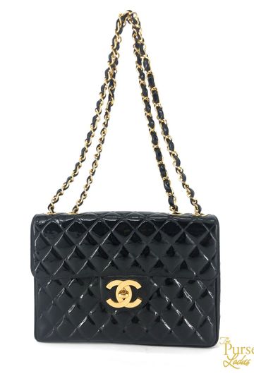 CHANEL Black Patent Leather Quilted Maxi Flap Shoulder Bag