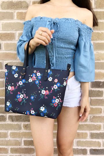 Tory Burch Kerrington Small Top Zip Tote Pansy Bouquet Floral Navy