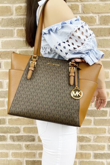 Michael Kors Charlotte Top Zip Tote Brown Signature Shoulder Bag
