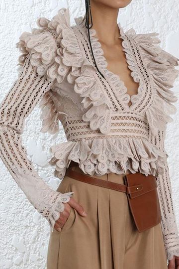 Runway Lace V-Neck Ruffle Blouse