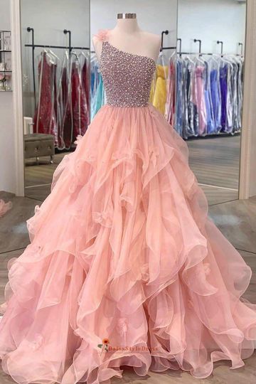 One Shoulder Handmade Beaded Pearl Pink Evening Dress