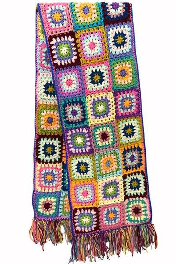 Carnaby Granny Square Scarf Handmade Crochet Winter Muffler Boho Fringed Super Soft Scarves Choose Black White Gray Four Row Or Three Row