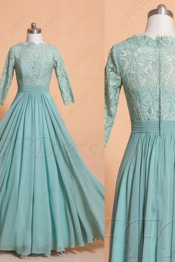 Dusty Green Modest Lace Bridesmaid Dress three quarter sleeves