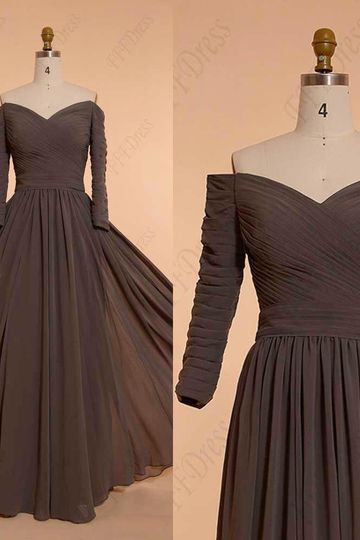 Chocolate brown off the shoulder bridesmaid dresses three quarter sleeves