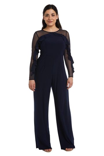 R&M Richards - Petite Long-Sleeved Jumpsuit with Sheer Panels and Ruffles