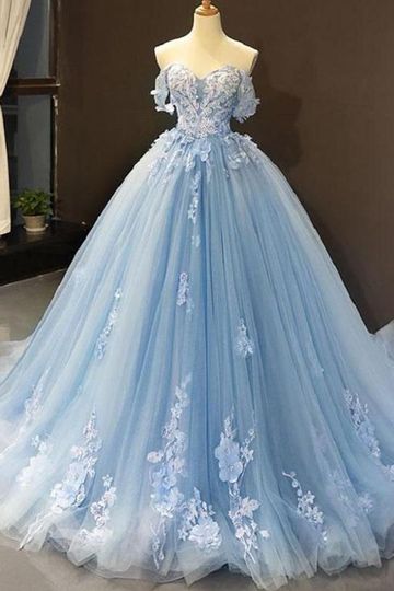 Elegant Pale Blue Off-shoulder Sweetheart Lace A-line Long Prom Dress, Ball Gown, PD3165
