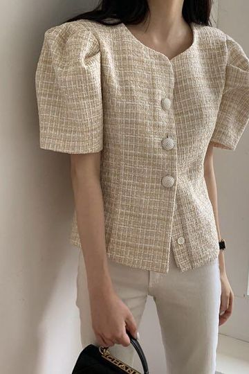 [Korean Style] Selena Short Sleeve Button-up Tweed Top