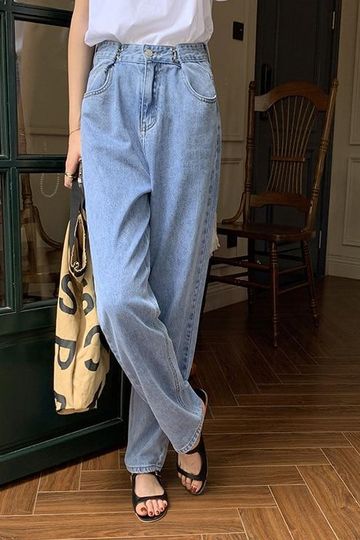 [Korean Style] High Waist Hook Pleated Wide Leg Jeans