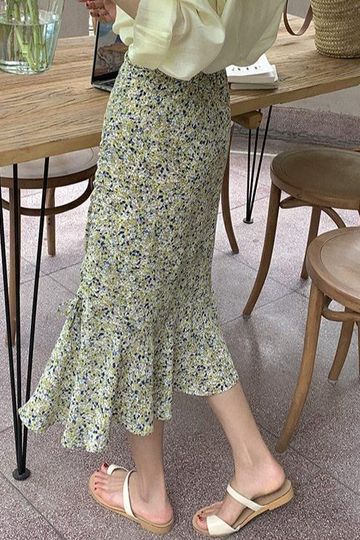 [Korean Style] High Waist Floral Drawstring Ruffle Midi Mermaid Skirt