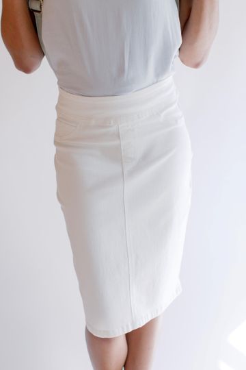'Sara' Classic Knee Length Denim Skirt in White FINAL SALE