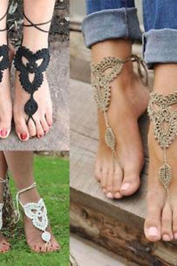 Crochet Barefoot Sandals Tan Black Or White Beach Shoes Foot Jewelry Lace Up Leg Wear Them At The Pool With Flip Flops Or Out With High Heels