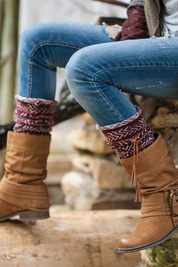 Tahoe Tassel Boho Boot Socks Beige / Burgundy Slouch Top Over The Knee Thick Waffle Knit Camel Vegan Leather Tassles