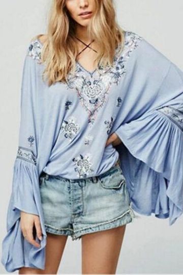 Bell Sleeve Boho Top "Siren Song" Light Blue Embroidered Peasant Top With Tassels Sizes Small Medium Or Large