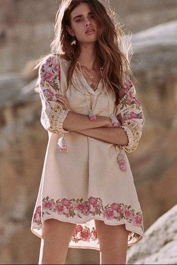 Cleo Embroidered Tunic Dress Boho Ivory With Pink Floral Embroidery Hem Lantern Sleeves Tassel Ties Small Medium Or Large