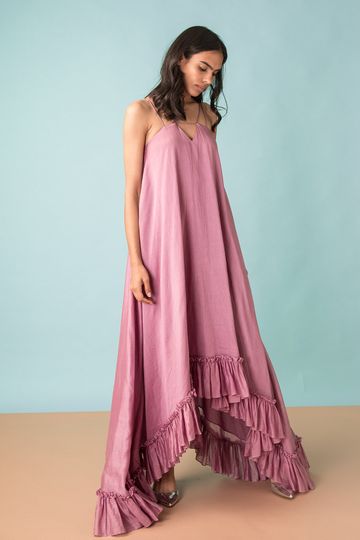 Asymmetric Long Dress With Frill