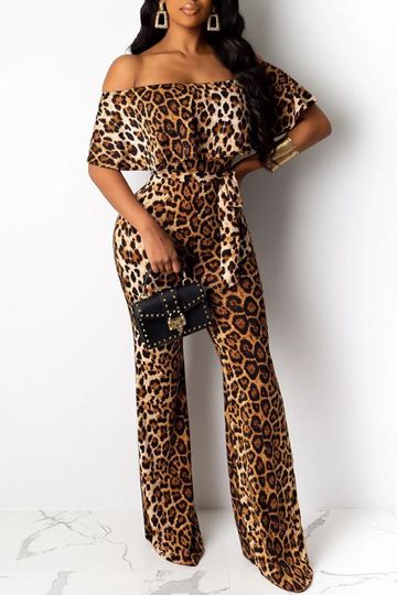 Off The Shoulder Leopard Print Belted Jumpsuit