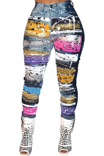 Plus Size Denim Digital Print Pants