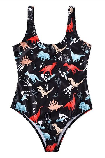 Dinosaur Print Funny Cute Women Strap Slim One Piece Backless Swimwear Bathing Suit Bikini