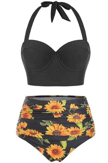 Sunflower Print Halter Women High Waist Push Up Two Piece Bikini Set Swimsuit Swimwear Bathing Suit