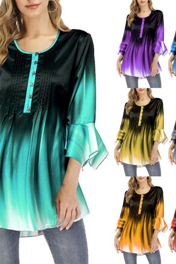 Women Fashion Gradient Bat Sleeve Button Design Casual Shirt Tops
