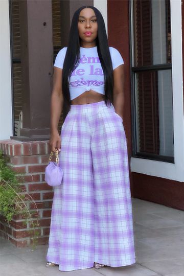 Geneva Extreme Wide Leg Pants-Lavender Plaid