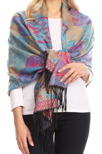 Sakkas Aurora Floral Rose Pashmina Scarf Shawl with Fringe Super Warm Soft Vegan