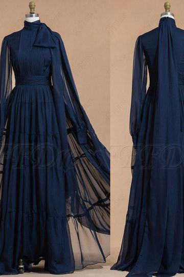 High neck modest navy blue bridesmaid dresses long sleeves with tiered skirt