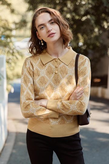 Ariana Iris Floral Patterned Yellow Long Sleeves Knit Sweater