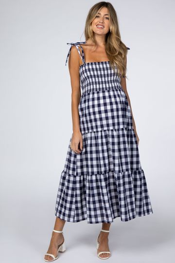 Navy Gingham Shoulder Tie Tiered Maternity Dress