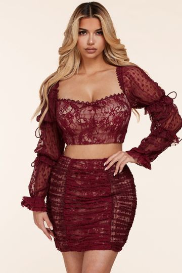 Red Wine And Lace Skirt Set
