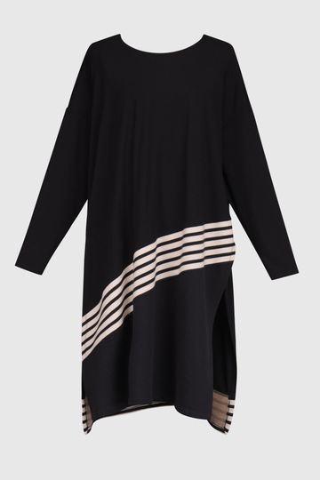 Alembika Urban - Black/Cream Knit Drop Shoulder Long Sleeve French Terry Stripe High Side Slits Tunic/Dress
