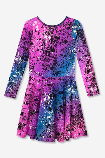 Long Sleeve Skater Dress - Magenta Teal Ombre Splatter