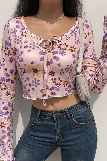 Y2K AESTHETIC FLORAL FLARE SLEEVE PURPLE CROP TOP