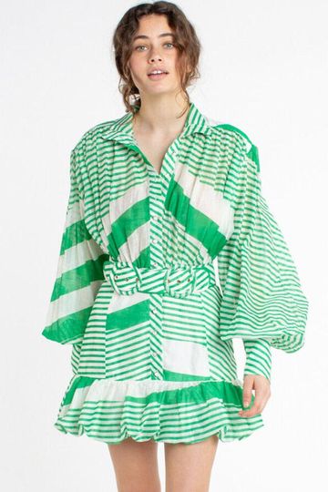 Belted Striped Puff Sleeve Ruffle Mini Beach Vacation Dress - Green