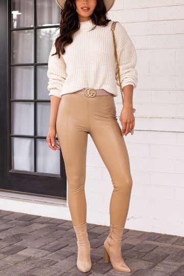 Pamela Beige Vegan Leather Leggings