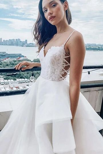 Sexy Spaghetti Strap Sweetheart Ribbon Side A-line Ruffle Long Wedding Dress, WD3056