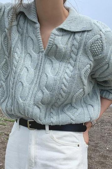[Korean Style] Cable Knit Collared Sweater Knit Top