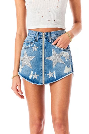 BEATRICE DEMI RHINESTONE STAR PATCH DENIM SKIRT